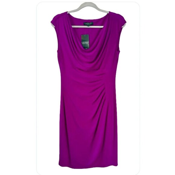 Lauren Ralph Lauren Sheath Dress Sz 10 Magenta Cowl Draped Neck Sleeveless Ruche - Picture 1 of 11